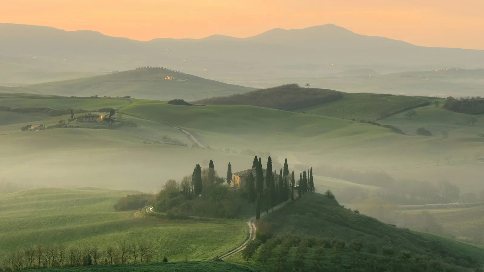Collines de Toscane et cyprès dans la lumière du matin
